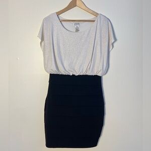 Enfocus Studio Womens Tiered Black‎ Dress 12 Blouson Cream Shimmer Batwing